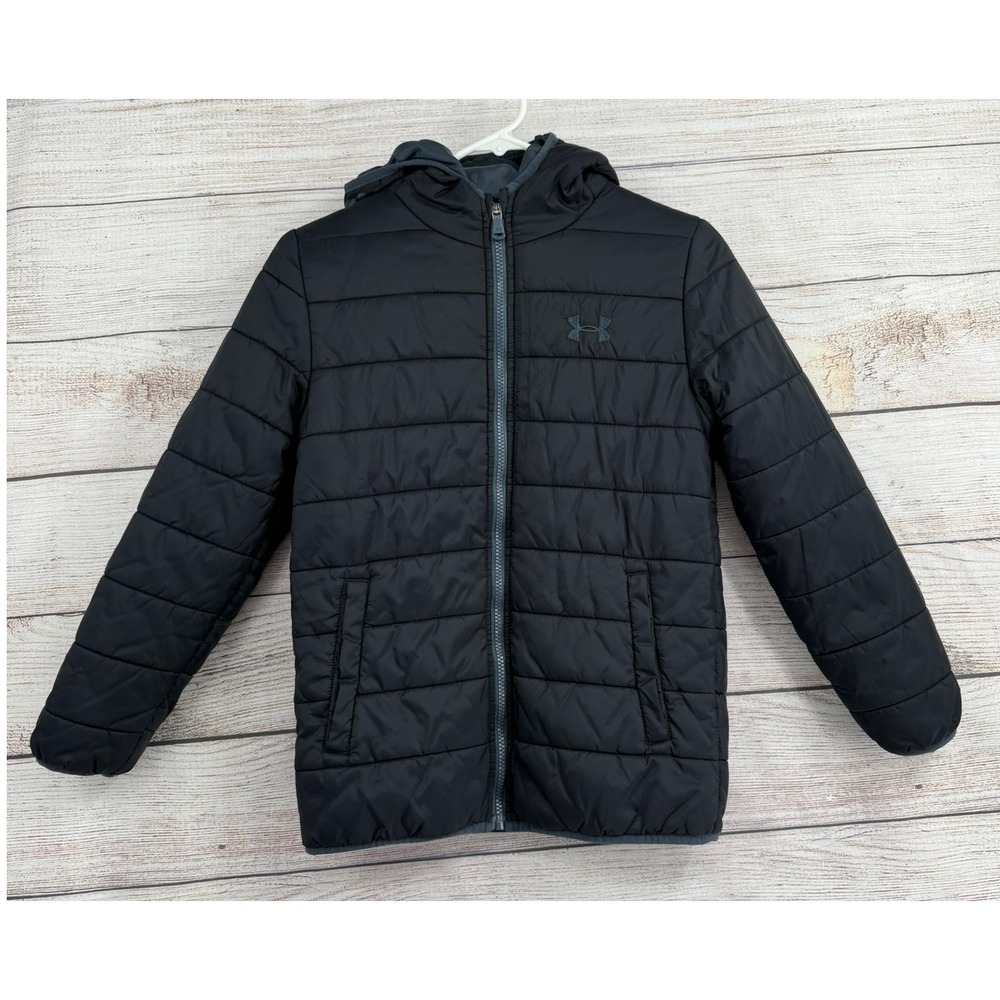Under Armour Puffer Jacket Kids Size Medium Black Storm ColdGear Hooded